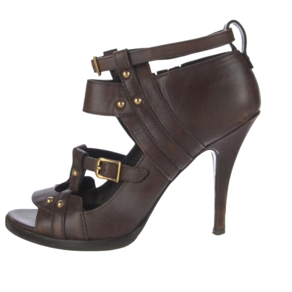 Gucci Leather Pumps 👠 Brown Peep-Toes Studded Accents Platform Multistrap $550 - Picture 5 of 15